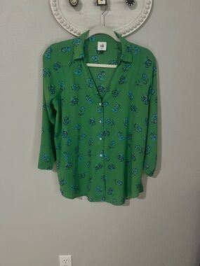 CAbi Green Button-Front Blouse with Blue Floral Print